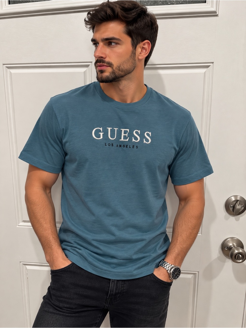 GUESS Men's Slate Blue Logo Crewneck Tee
